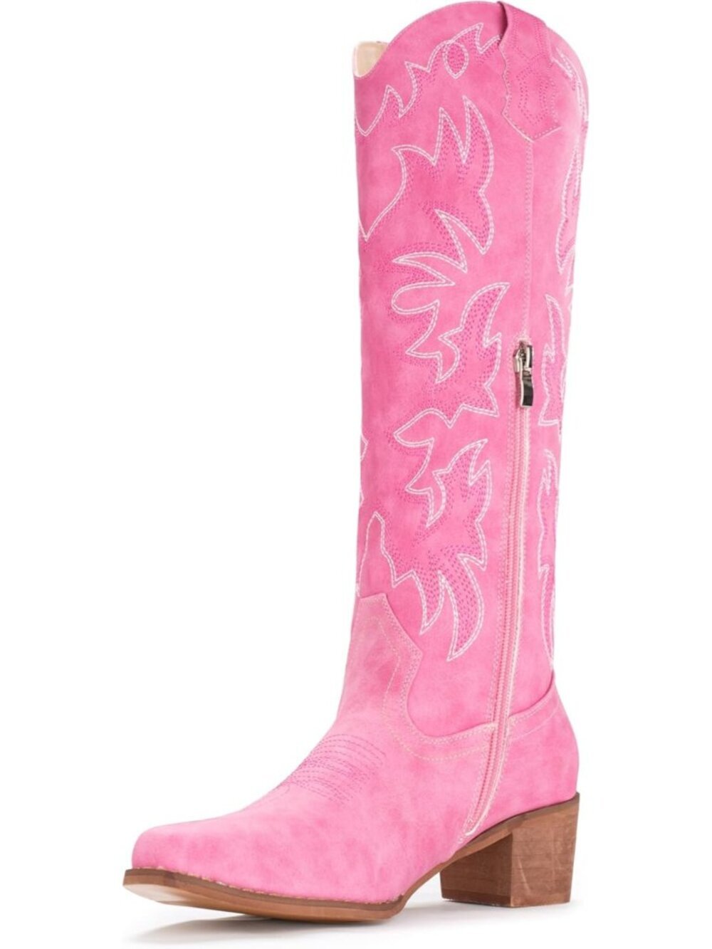 Women’s Pink Knee-High Cowboy Boots Snip Toe Western Chunky Heel Zip